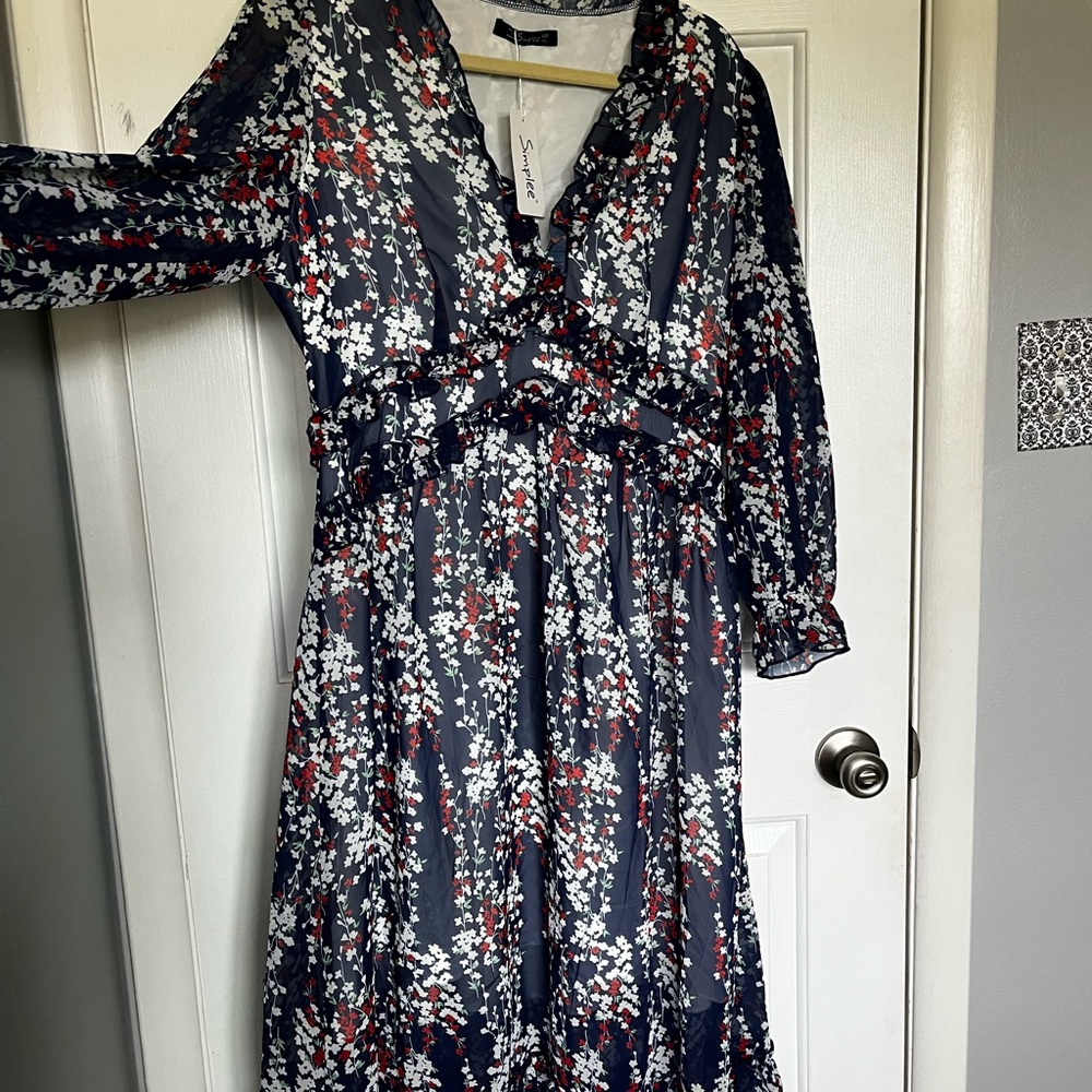 Simple Navy Long Sleeve Floral Dress